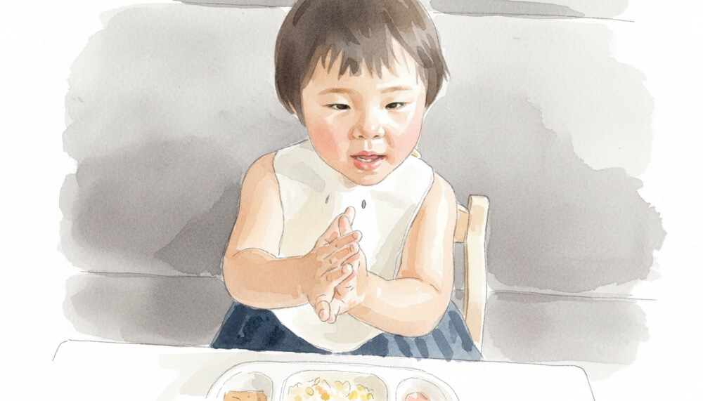 ハンドサインで「いただきます」をしている様子