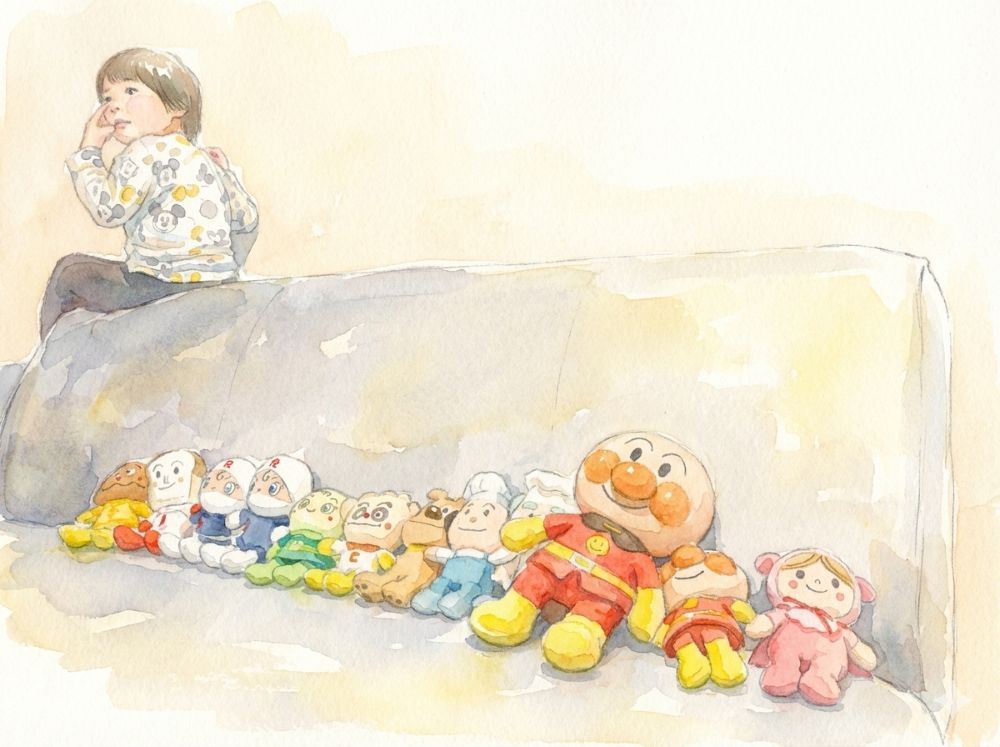 ぬいぐるみを一列に並べている様子