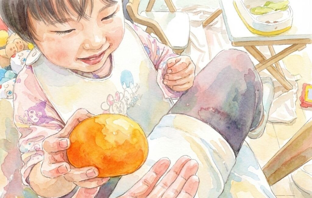 みかんをパパに渡している様子