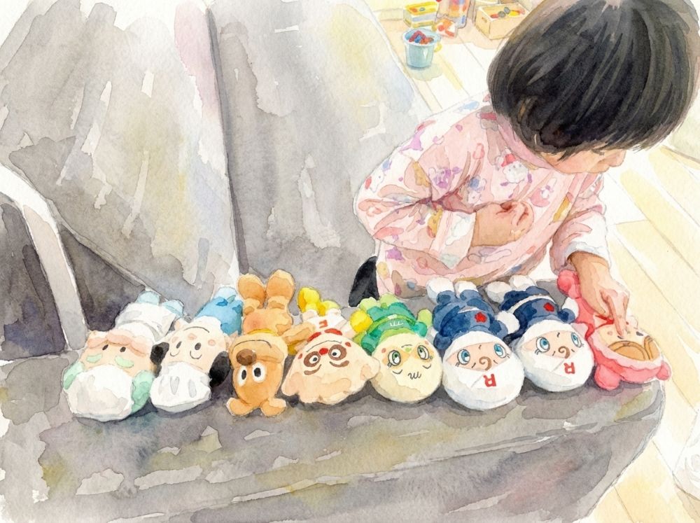 何かを考えながらぬいぐるみを並べている様子