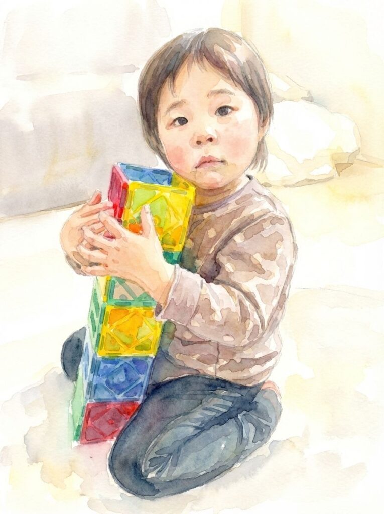 マグネットブロックで立体を作り抱きかかえている様子