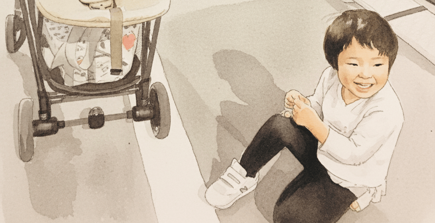 ベビーカーやヒップシートには乗りたがらずに、地面にすわりこんでしまう