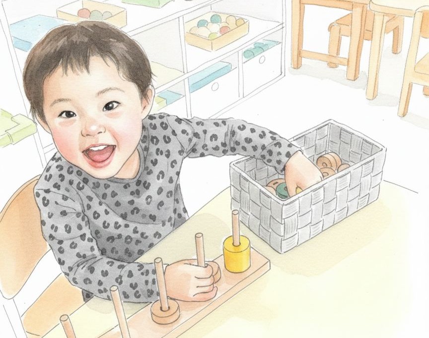 木のおもちゃで遊んでいる