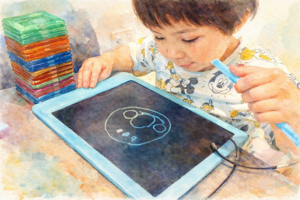 タブレット型お絵描きボードで遊んでいる様子