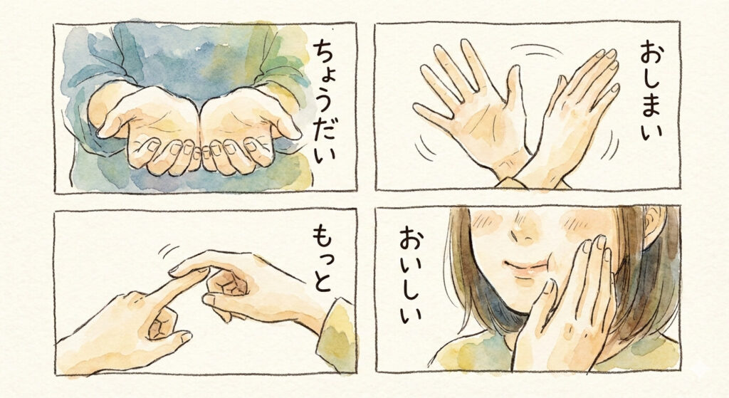 ちょうだい、おしまい、もっと、美味しいなどのハンドサイン