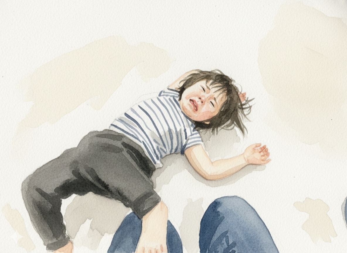 床に転がって癇癪を起している様子