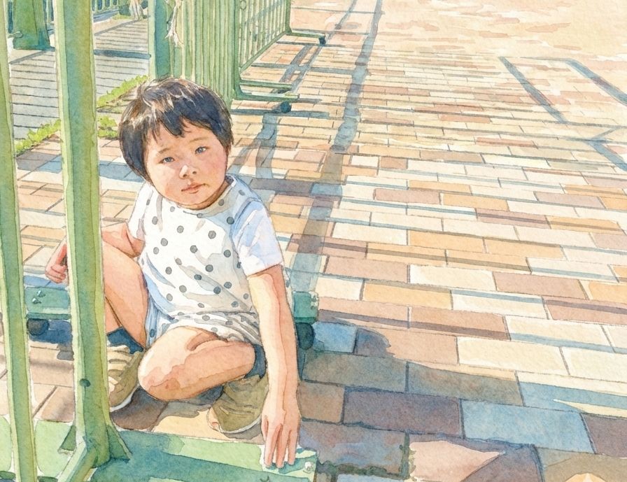 思い通りにいかず座り込んでしまっている様子