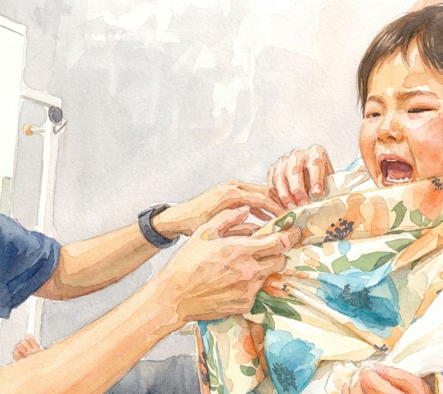 着物を着せようとするが嫌がり癇癪を起こしている様子